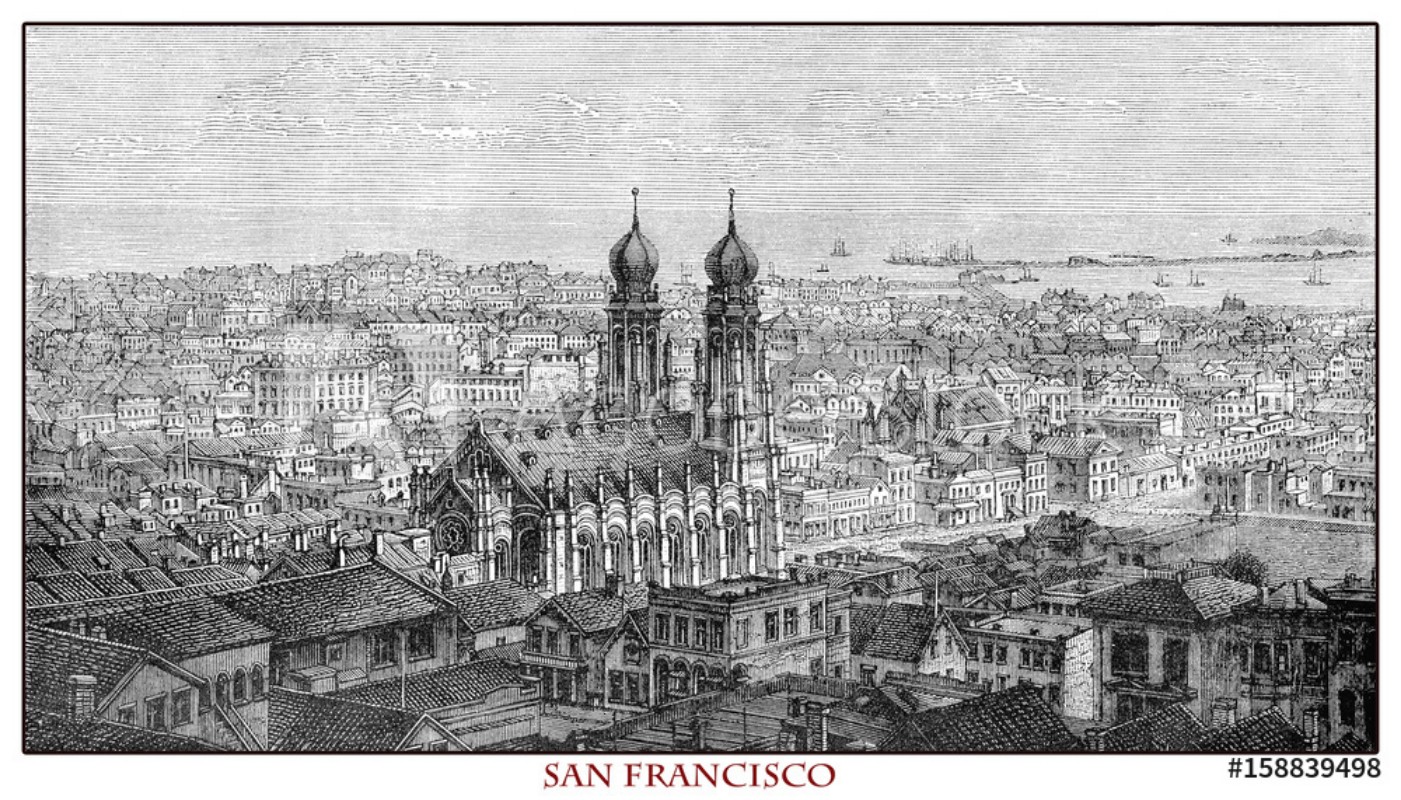 Picture of California panoramic view of San Francisco engraving from year 1873 before the 1906 earthquake which destroyed over 80 of the city